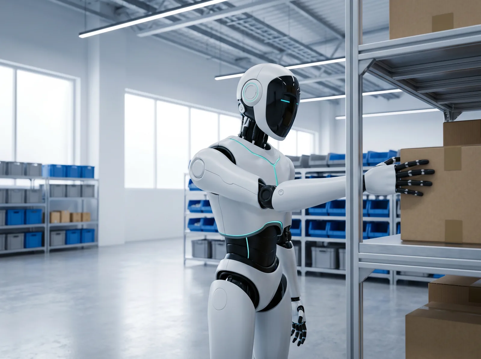 Autonomous humanoid robot training inside a Remotics physical-twin lab with conveyor belts and supervised by an engineer.